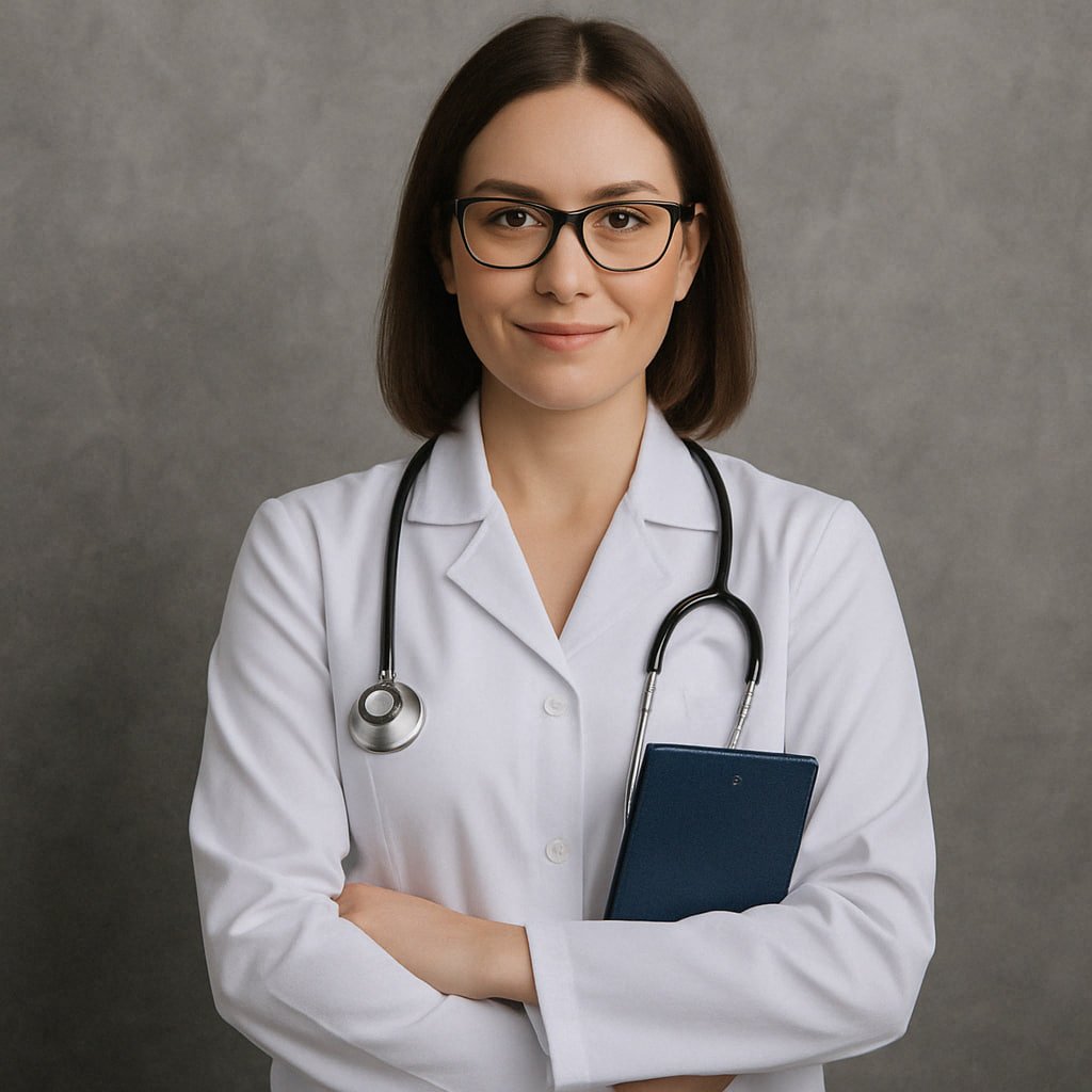 A person in a white coat with glasses and stethoscope holds a notebook, standing confidently against a neutral background.