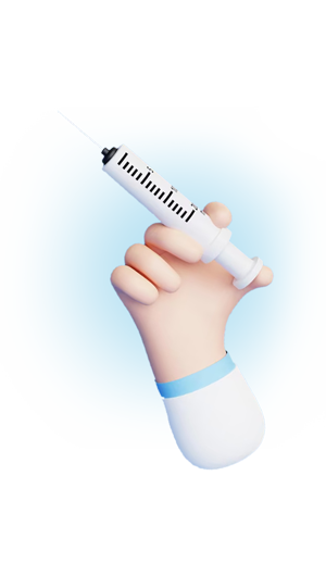 A cartoon hand holds a syringe against a light blue background, illustrating a medical or healthcare theme in a stylized, 3D manner.
